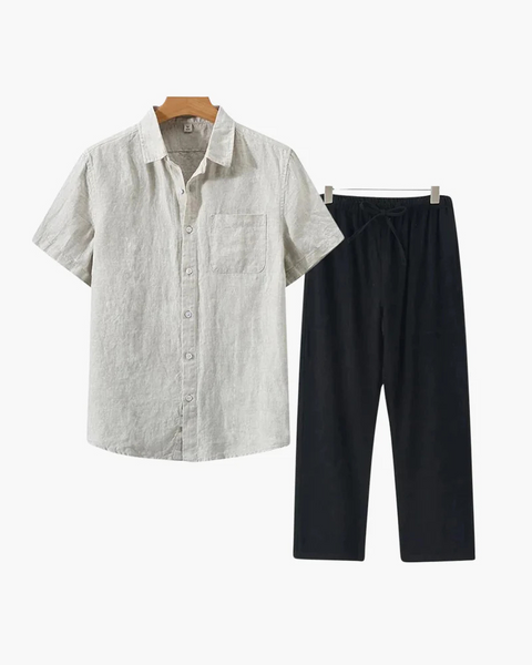 Camisa e calça de linho com corte refinado, estilo europeu e frescor para o verão.