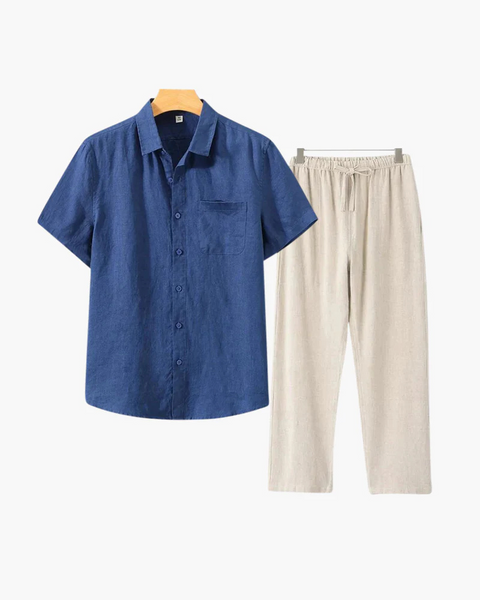 Visual completo com camisa e calça de linho natural, perfeito para homens elegantes e discretos.