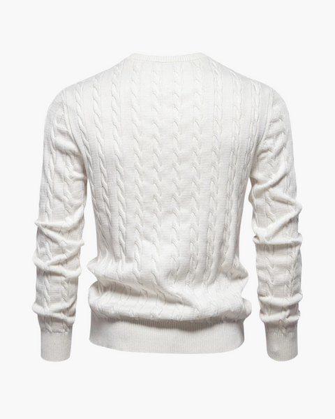 Suéter azul escuro masculino com zíper frontal e malha sofisticada de inverno.