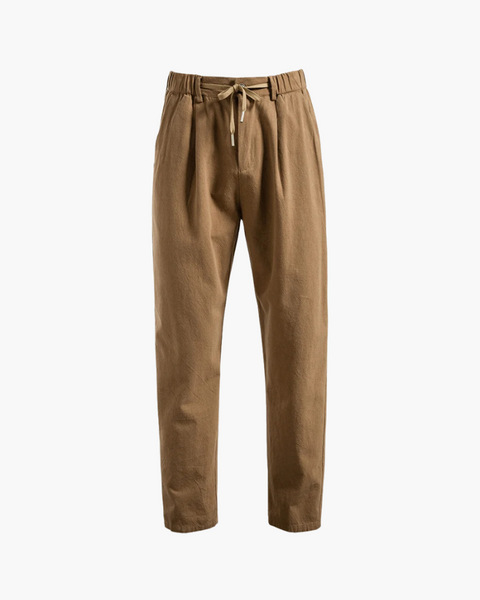 Calça masculina de linho com estilo clássico e tecido texturizado bege.