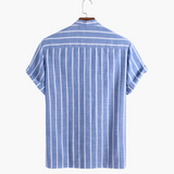 Camisa polo listrada azul masculina de verão no estilo old money
