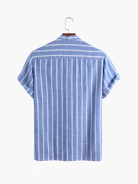 Camisa polo listrada azul masculina de verão no estilo old money