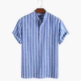 Camisa polo listrada azul masculina de verão no estilo old money com gola padre