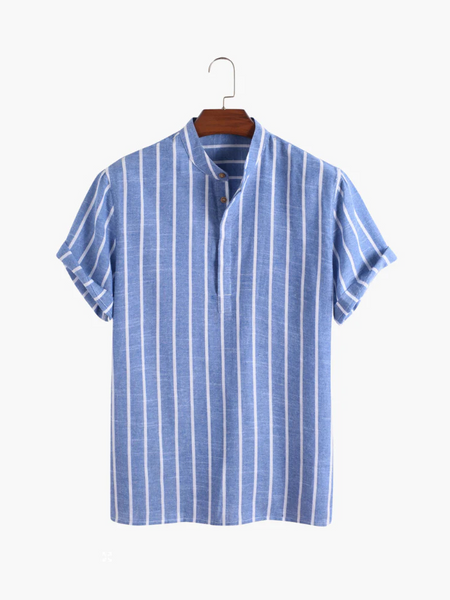 Camisa polo listrada azul masculina de verão no estilo old money com gola padre