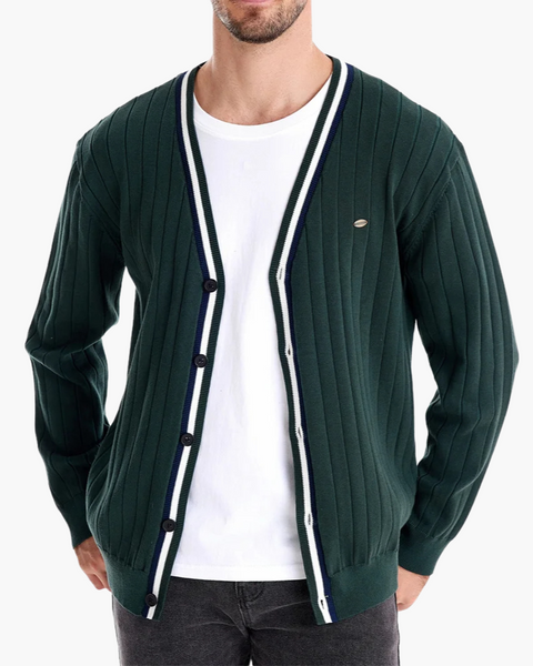 Cardigan azul marinho com textura canelada, design elegante e discreto.