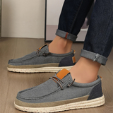 Estilo europeu retrô com elegância discreta em lona azul.