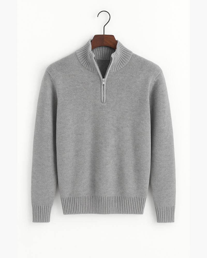 Suéter masculino com zíper e gola alta, estilo old money sofisticado para inverno.