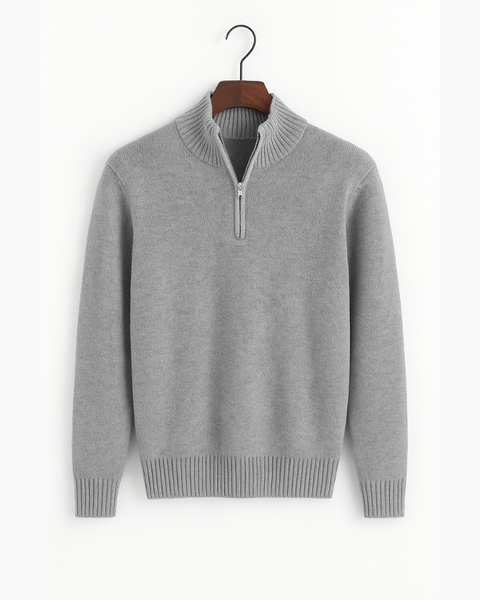 Suéter masculino com zíper e gola alta, estilo old money sofisticado para inverno.