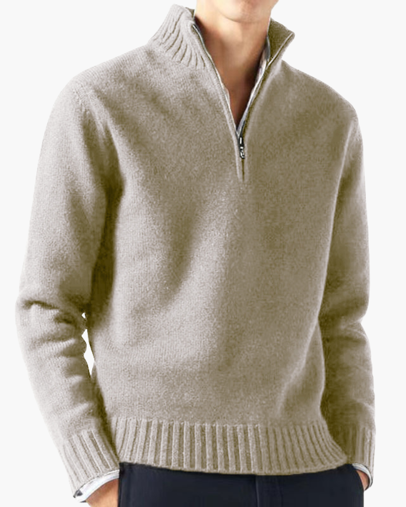 Suéter preto masculino com zíper frontal. Um clássico essencial para o inverno old money.